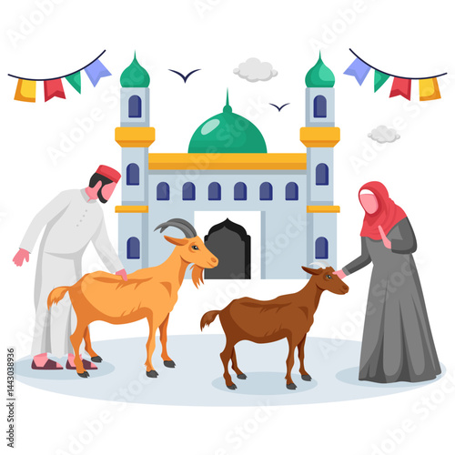 Arabic Family is playing with their pet concept, Girl and Boy having fun with Goat and buck vector design, Eid al-Adha scene, Eid-al-Kabir Hajj banner, Traditional Arab Muslims Festival  illustration