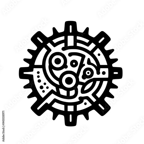 Organic-Mechanical Abstract Symbol within Gear Shape | Black & White Complex Design Icon