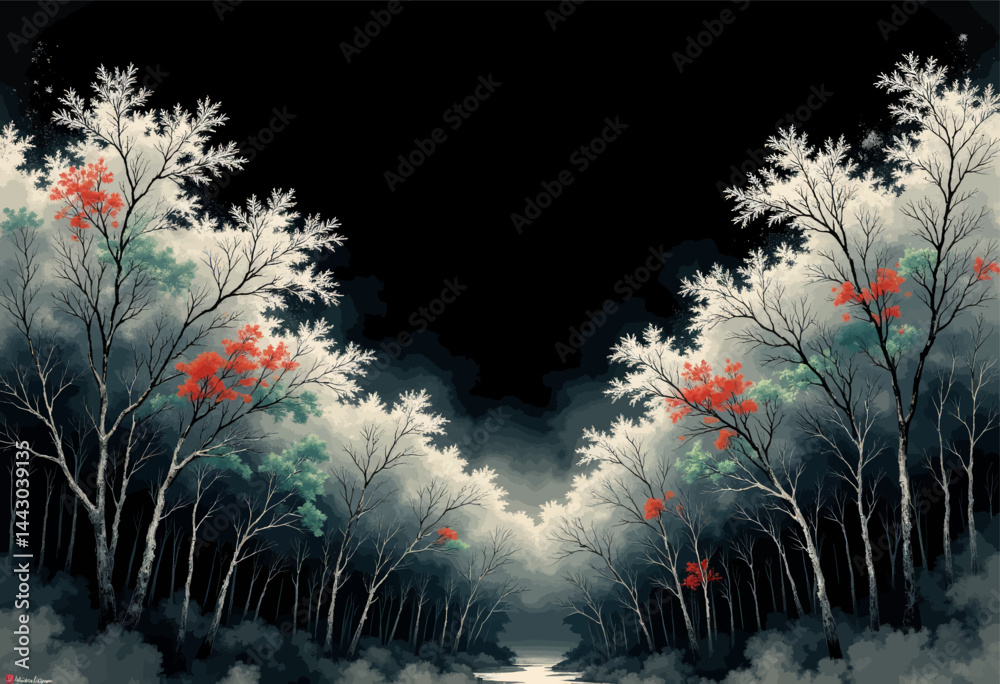 Ethereal Forest with White, Red, and Green Foliage