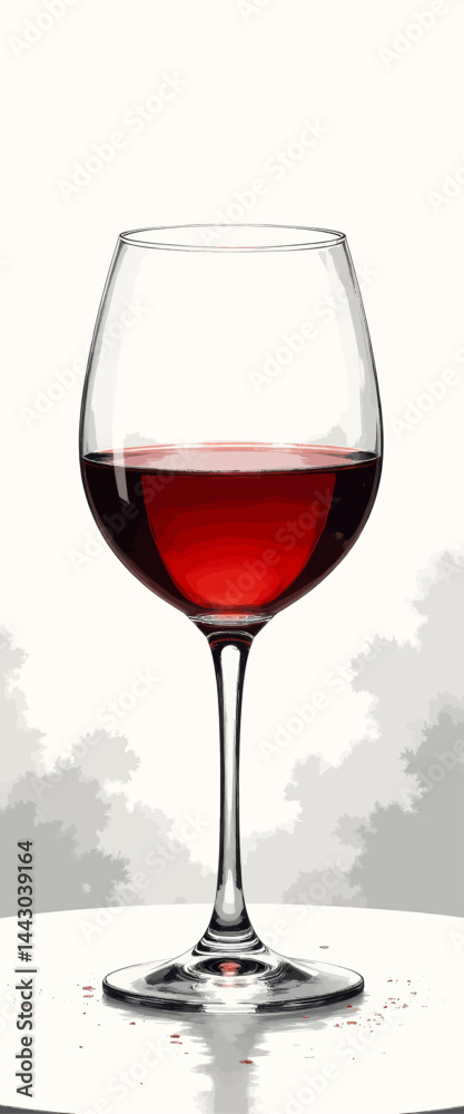 Elegant Red Wine Glass on Table with Reflected Light