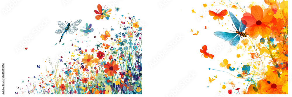 Fototapeta premium Set of a flowers and plants, bees, dragonflies, a simple flat, isolated on transparent background.