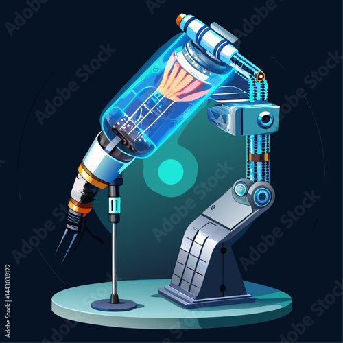 A robot is working on a blue machine. The robot is surrounded by other robots and machines. The scene is futuristic and industrial