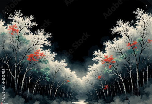 Obraz na płótnie Ethereal Forest with White, Red, and Green Foliage w salonie
