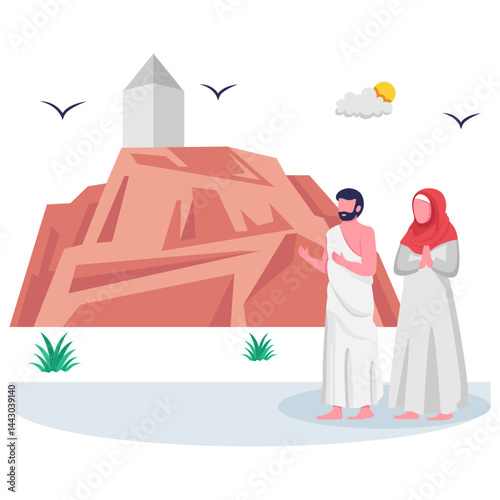 pilgrims gather on 9th day of Dhul-Hijjah to perform Wuquf concept, Couple Unite at Mount Arafat vector design, Eid al-Adha scene, Eid-al-Kabir Hajj banner, Traditional Muslims Festival illustration