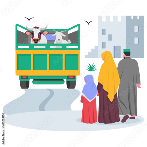 Family Saying Good Bye to their Mammals concept, Cow and goat Being Transported on Truck vector design, Eid al-Adha scene, Eid-al-Kabir Hajj banner, Traditional Arabic Muslims Festival illustration
