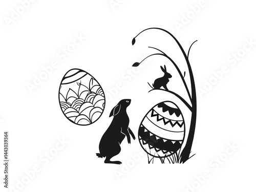 Easter Bunny with Decorated Eggs Hanging from Spring Tree – Silhouette Vector Illustration .