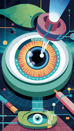 A colorful illustration of an eye with a magnifying glass on it. The eye is surrounded by a green circle and the magnifying glass is on the right side of the eye. Concept of curiosity and exploration