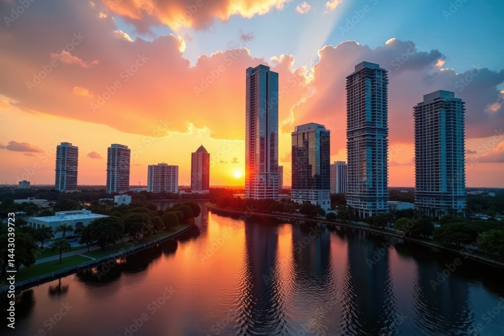 Fototapeta premium Sunset casts long shadows on towering skyscrapers of downtown Tampa, Tampa, urban