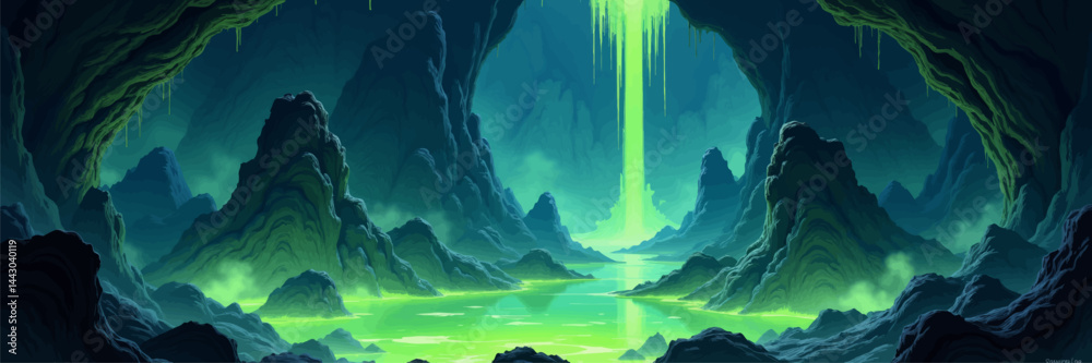 Eerie Green Waterfall in a Dark Cave Landscape