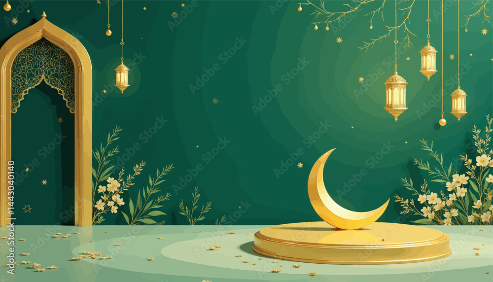 Eid Mubarak Green and Gold Crescent Display