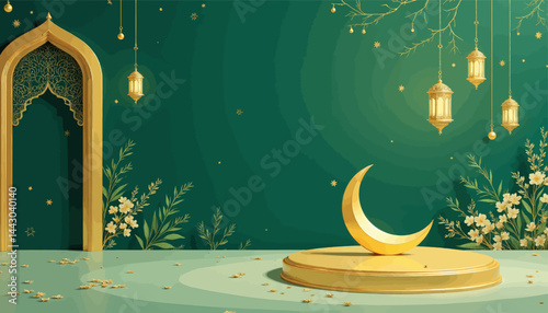 Obraz na płótnie Eid Mubarak Green and Gold Crescent Display w salonie