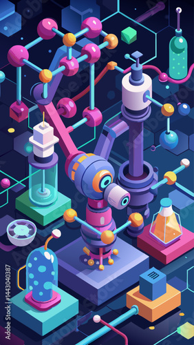 A colorful robot is surrounded by a variety of objects, including a large cube and a smaller cube. The robot is surrounded by a network of wires and other objects, giving the impression of a complex