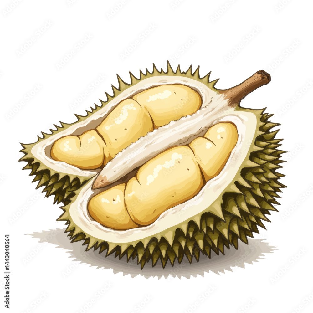 Durian Fruit Cross Section with Yellow Pulp and Spikes