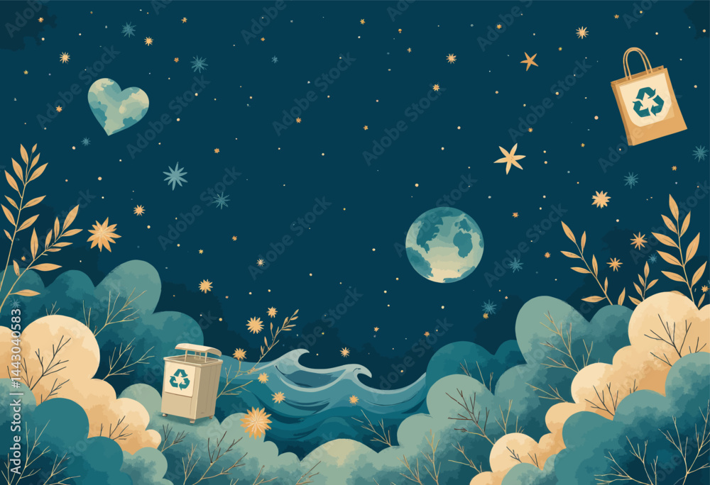 Earth Day Illustration with Recycle Bin and Shopping Bag