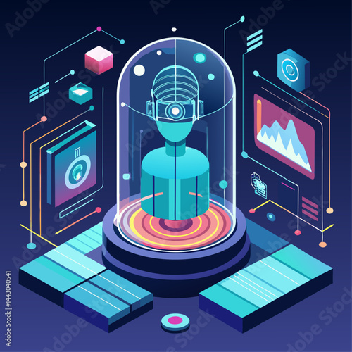 A man is inside a glass dome with a microphone and a camera. The dome is surrounded by a colorful background with various objects such as books, a clock, and a keyboard