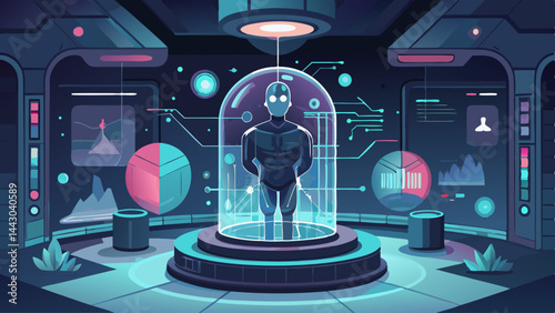A man is inside a glass dome with a microphone and a camera. The dome is surrounded by a colorful background with various objects such as books, a clock, and a keyboard