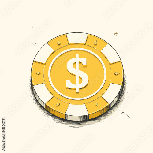Dollar sign on yellow casino chip with sketch effect