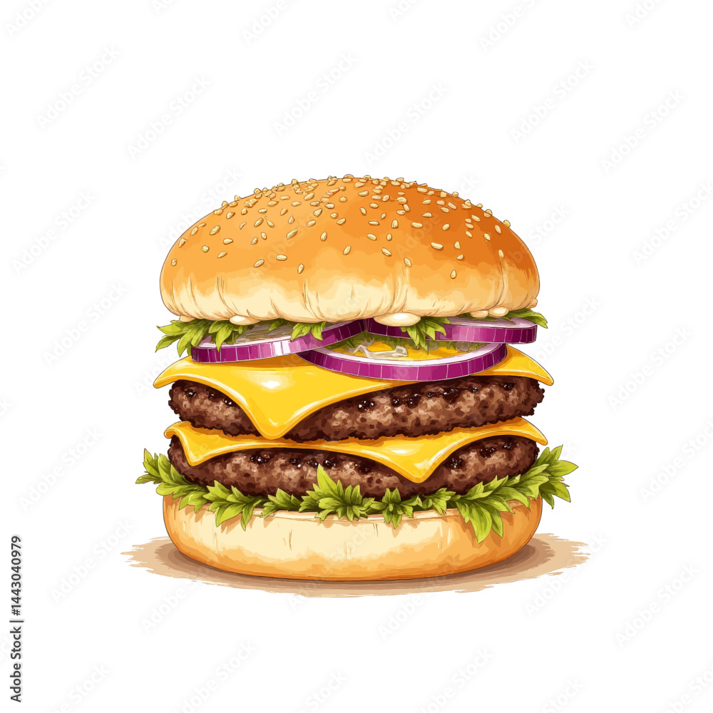 Double cheeseburger with red onion and lettuce on white