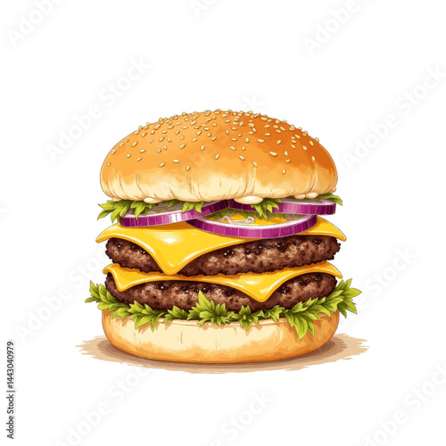Double cheeseburger with red onion and lettuce on white