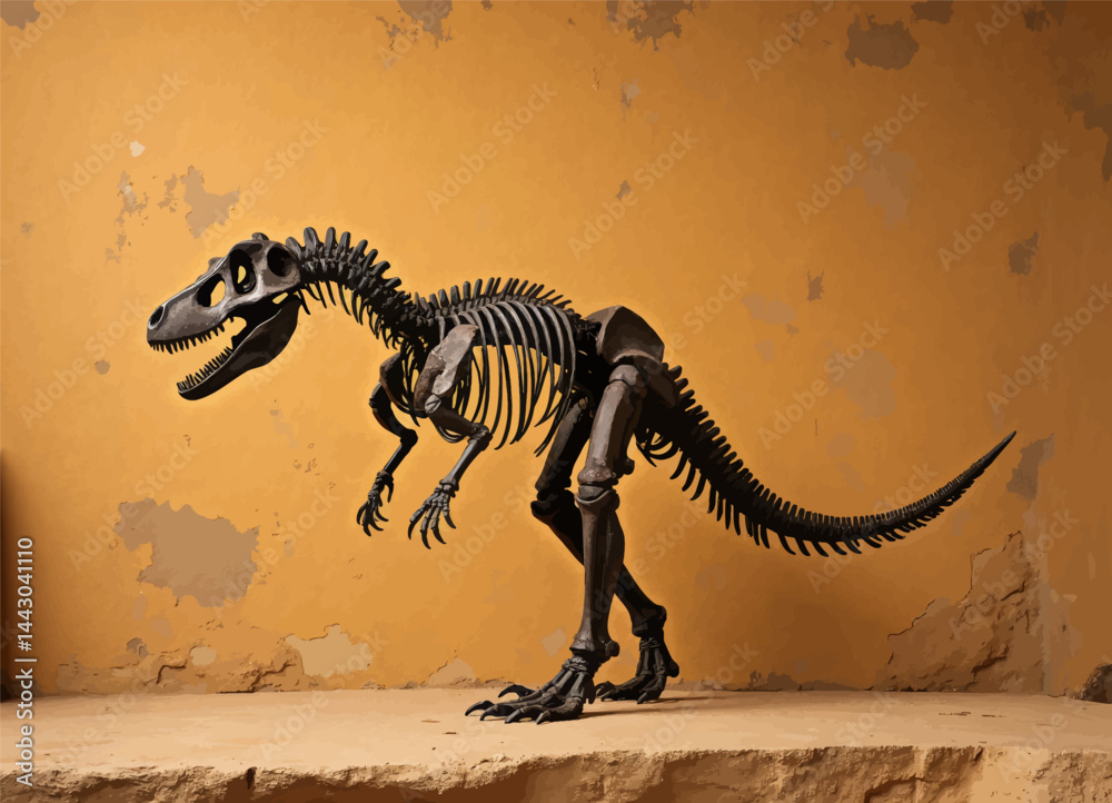 Dinosaur Skeleton Fossil on Display Against Yellow Wall