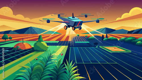 A drone is flying over a field of crops. The sky is filled with clouds and the sun is setting
