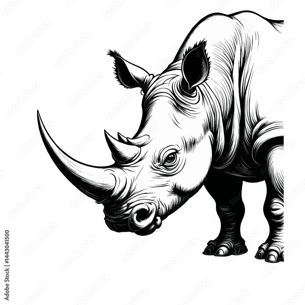 Detailed Black and White Rhino Illustration