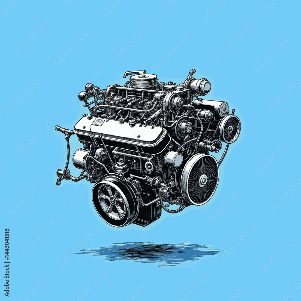 Detailed engine drawing on blue background