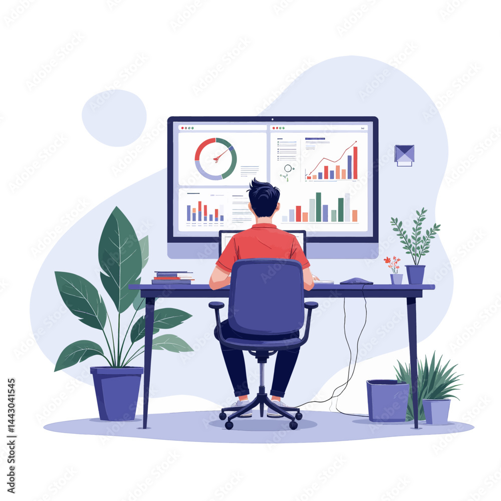 Data Analyst Working at Desk with Charts and Plants