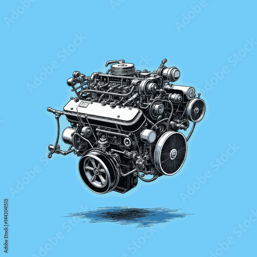 Obraz na płótnie Detailed engine drawing on blue background w salonie
