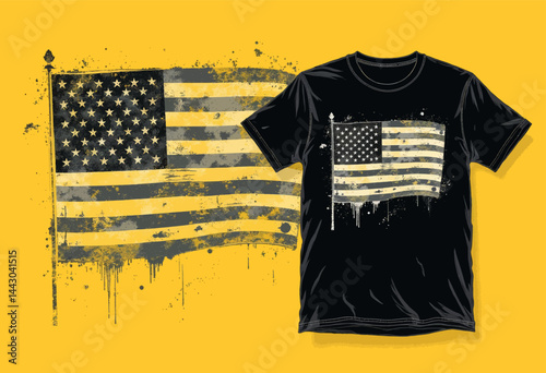 Obraz na płótnie Distressed American Flag and T-Shirt on Yellow Background w salonie
