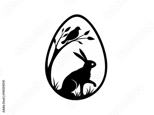 Black and white Easter egg design with a stylized tree and bird and rabbit 