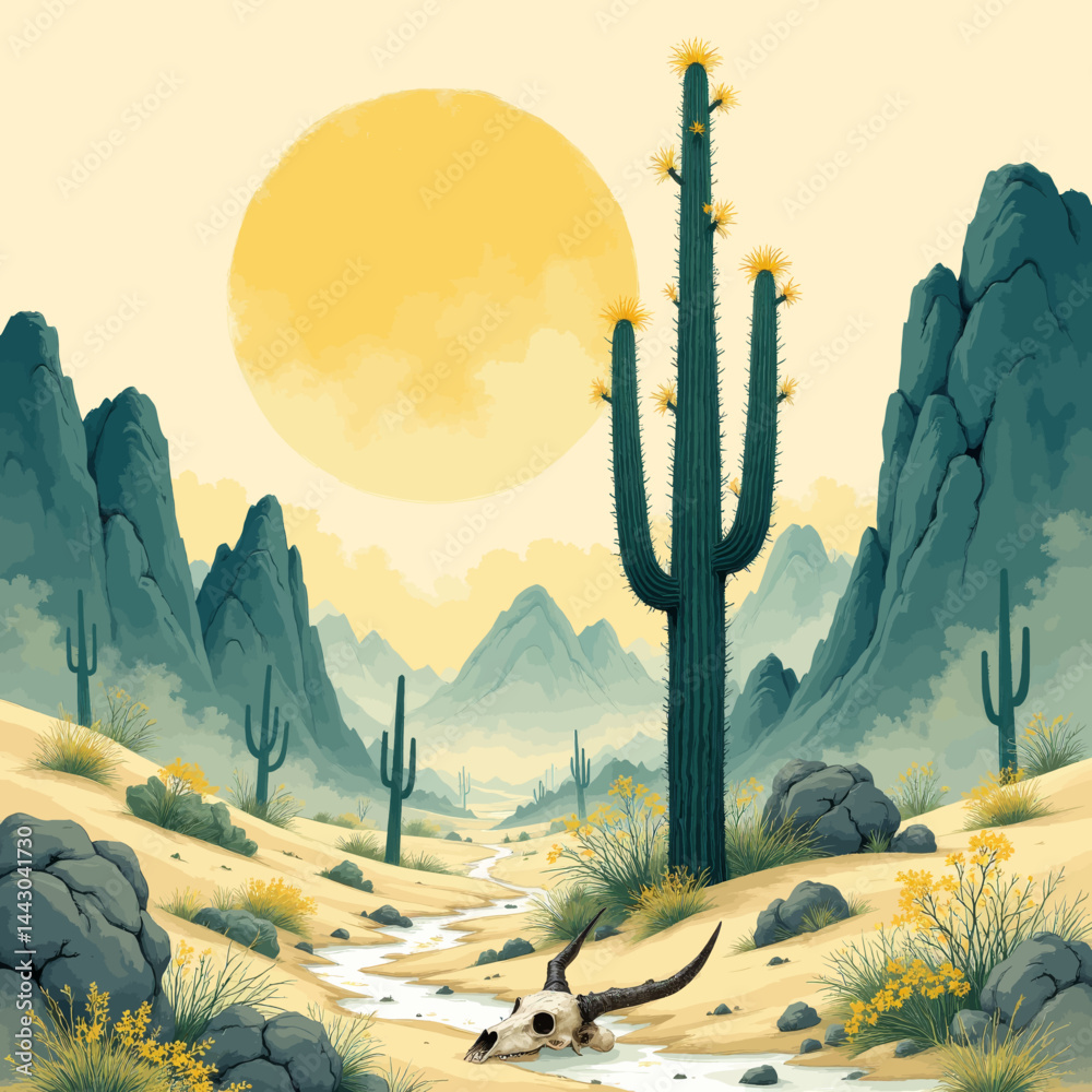 Desert Landscape with Cactus, Skull, and Mountains