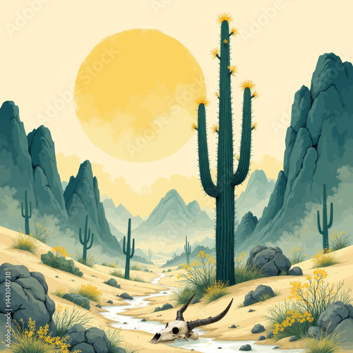 Desert Landscape with Cactus, Skull, and Mountains