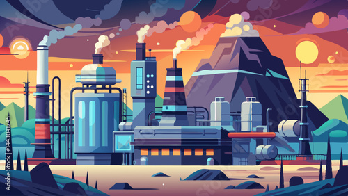 A colorful drawing of a factory with a mountain in the background. The sky is dark and the sun is setting