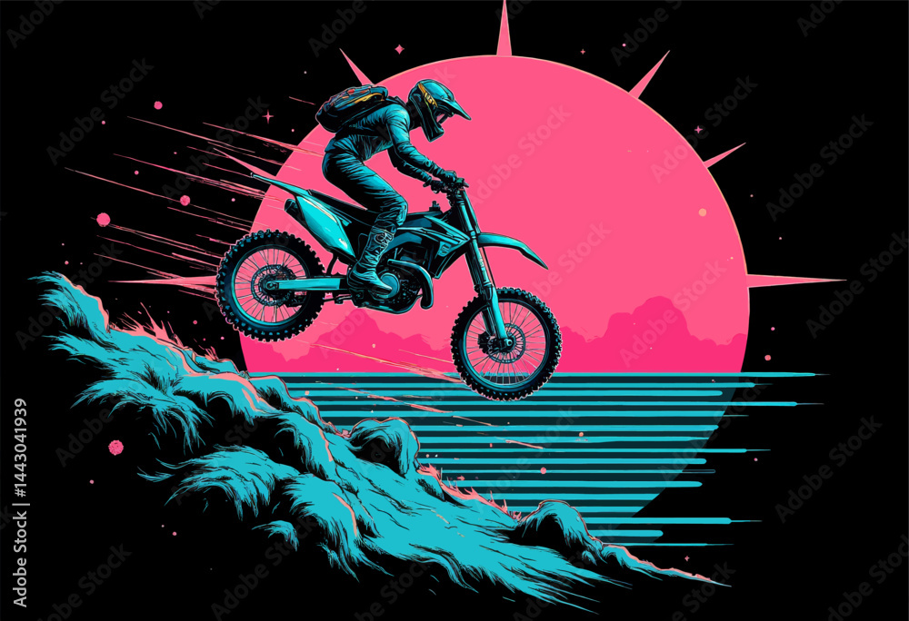Cyan Motocross Rider Jumping with Pink Sunburst