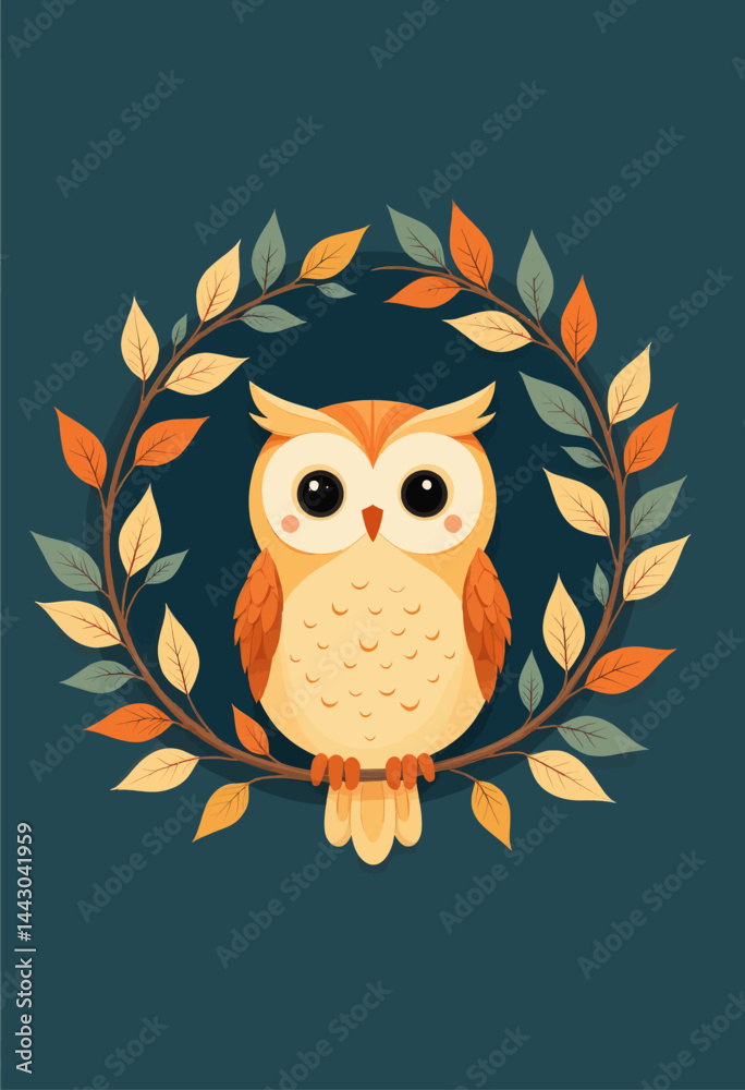 Cute cartoon owl on branch with colorful leaves