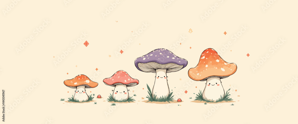 Cute Cartoon Mushrooms with Faces on Beige Background