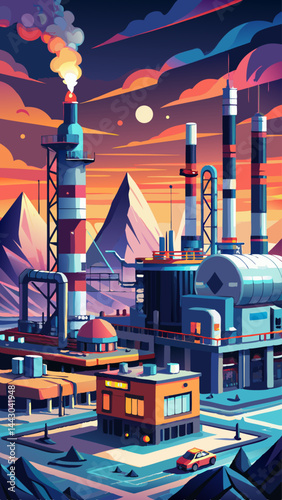 A colorful drawing of a factory with a mountain in the background. The sky is dark and the sun is setting