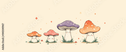 Obraz na płótnie Cute Cartoon Mushrooms with Faces on Beige Background w salonie