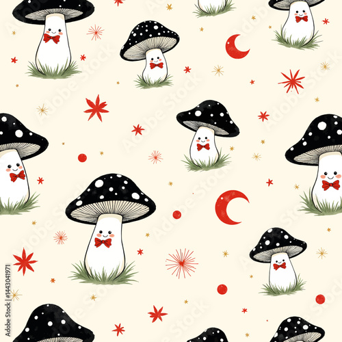 Obraz na płótnie Cute mushroom pattern with red bow ties and moons w salonie
