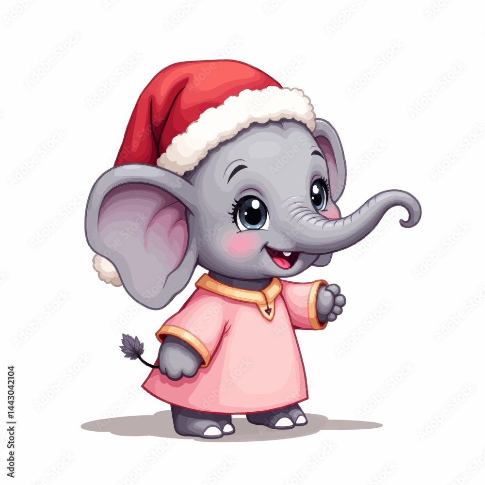 Cute Cartoon Elephant Wearing Santa Hat and Pink Pajamas