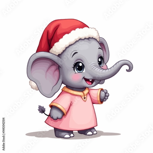 Obraz na płótnie Cute Cartoon Elephant Wearing Santa Hat and Pink Pajamas w salonie
