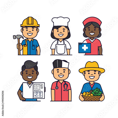 simple vector characters of happy workers in different professions