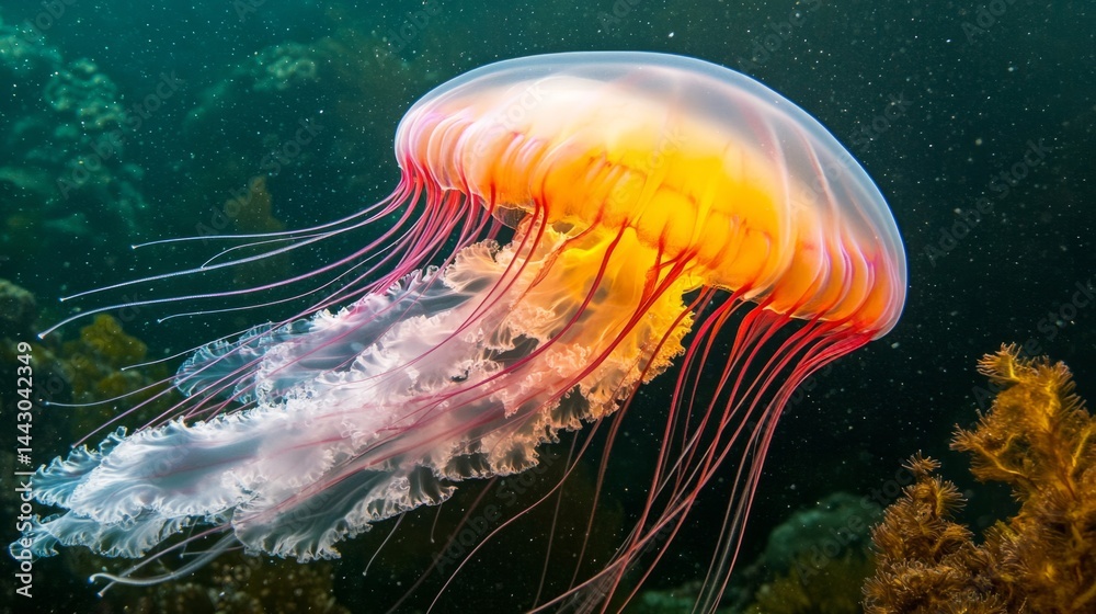 Naklejka premium Orange Pink Jellyfish Underwater Coral Reef