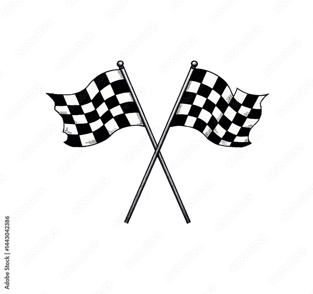 Crossed checkered flags, black and white finish line symbol