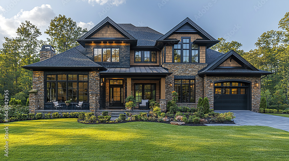 Bright and airy architecture of luxury house with stone accents and large windows Bright and airy architecture of luxury house with stone accents and large windows