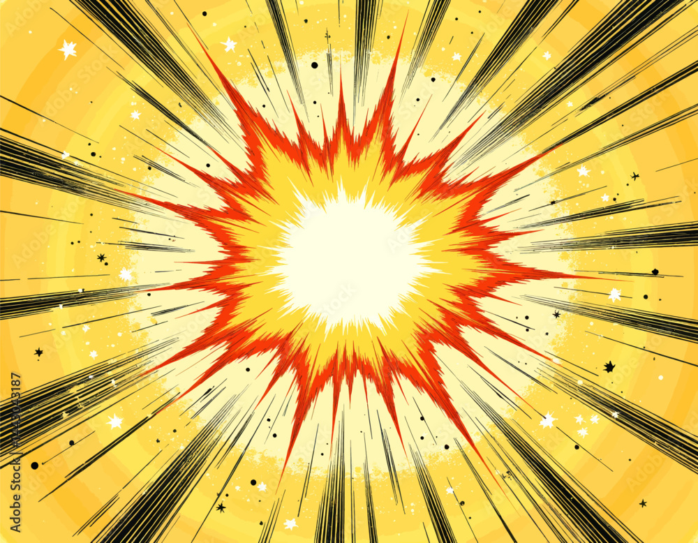 Comic book style explosion with yellow burst and red accents