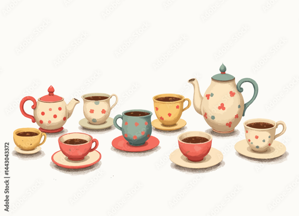 Colorful Teacups and Teapots Illustration