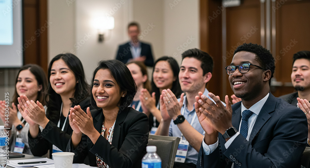 Obraz premium Business people clapping at conference applauding speaker giving presentation