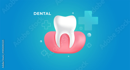 Dental health vector illustration showing a clean white tooth with gum and medical cross icons. Perfect for dental clinic promotions, oral hygiene, or healthcare materials